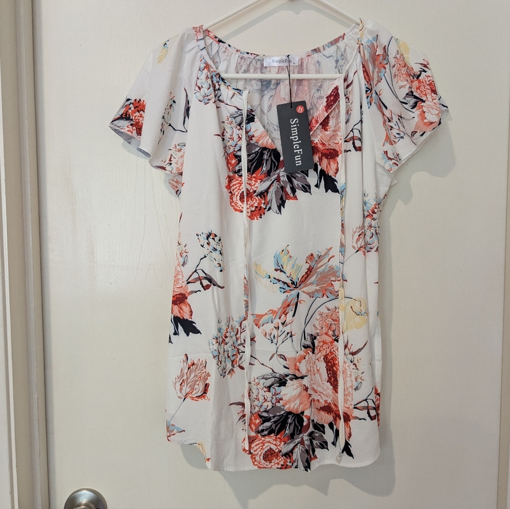 SimpleFun V-Neck Floral White Multicolor Peasant Blouse in Medium